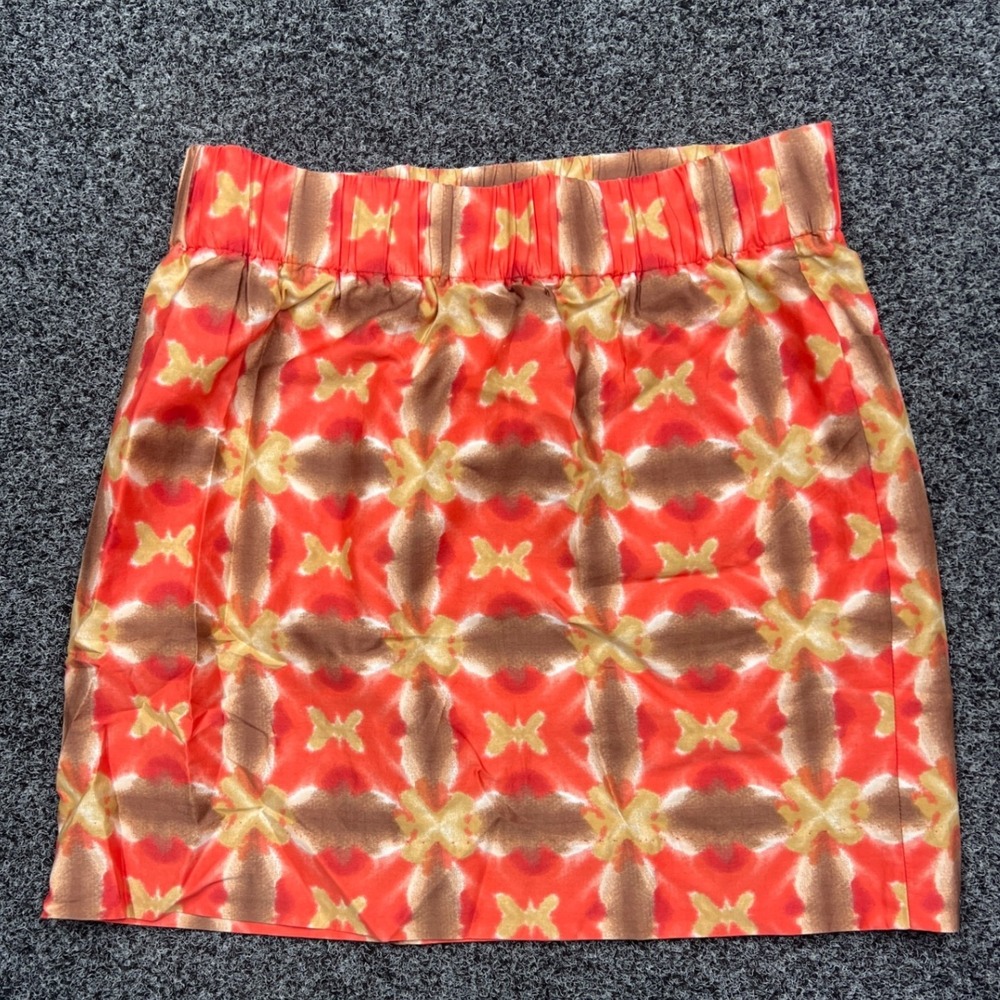 J.Crew Mini Skirt Women 0 Orange Brown Ikat Geometric Cotton Elastic Waist Boho